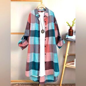 Plaid Shirtdress Red Blue Checkered Lightweight Boho Hippie Teacher Artsy Small